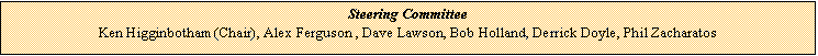 Text Box: Steering Committee
Ken Higginbotham (Chair), Alex Ferguson , Dave Lawson, Bob Holland, Derrick Doyle, Phil Zacharatos
